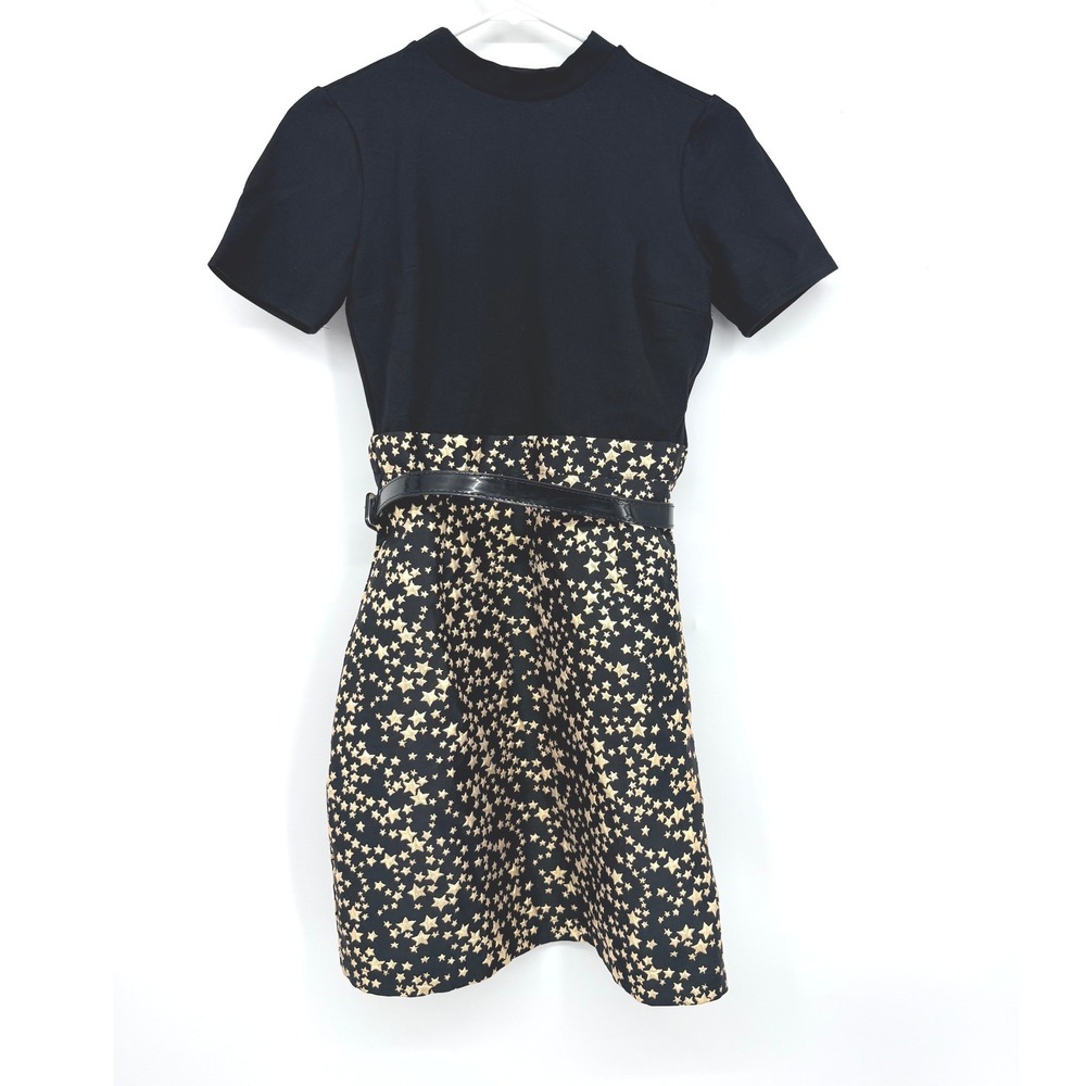 ModCloth Black Gold Star Metallic Jacquard‎ Belted Mock Neck Dress Small